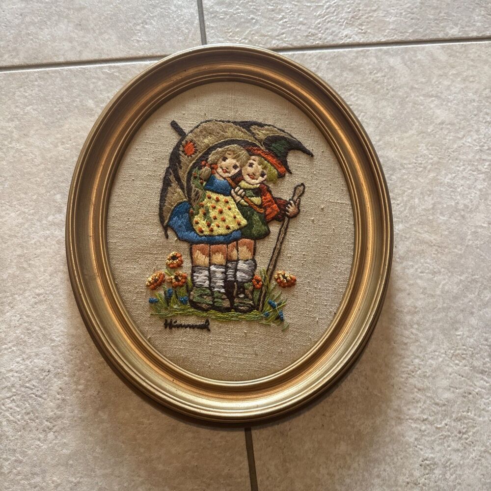 Vintage Hummel Needlepoint Framed Art Handcrafted Children Umbrella Rainy Day